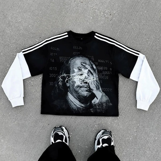 Money Blinds Your Eyes Casual Street Stitching Long Sleeve T-Shirt