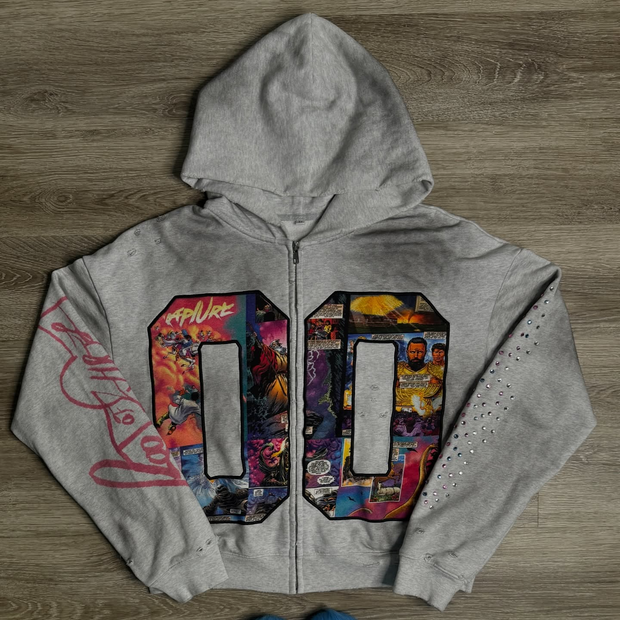 Faux Rhinestone Print Ombre Zip-Up Hoodie
