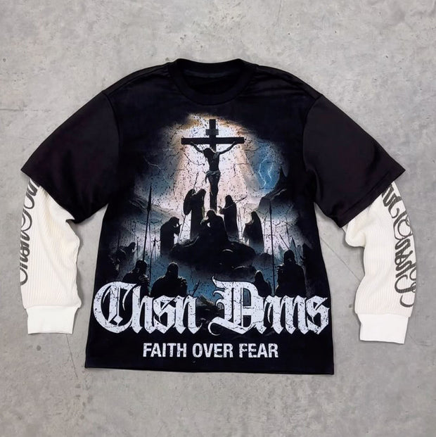 Fake Two Faith Over Fear Print Long Sleeve T-Shirt