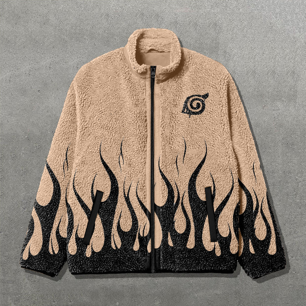 Anime Flame Print Long Sleeve Zipper Pocket Plush Coat