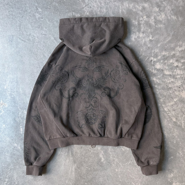 Personalized Street Style Stars and Sun Print Zip-Up Hoodie