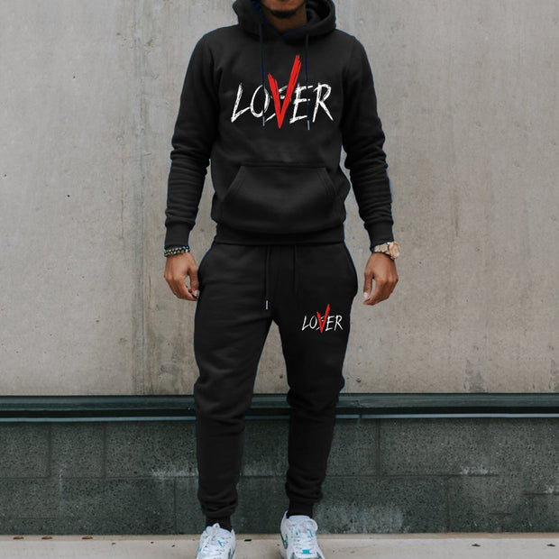 Lover Print Hoodie Sweatpants Two Piece Set