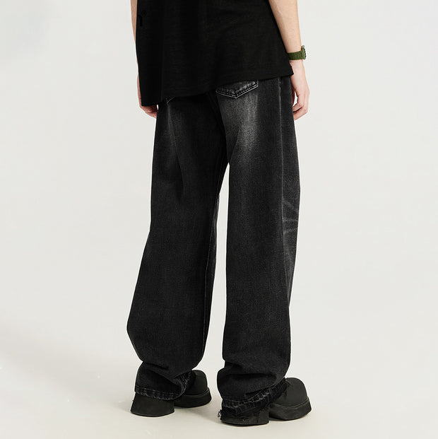 Straight-leg raw-edge washed wide-leg jeans