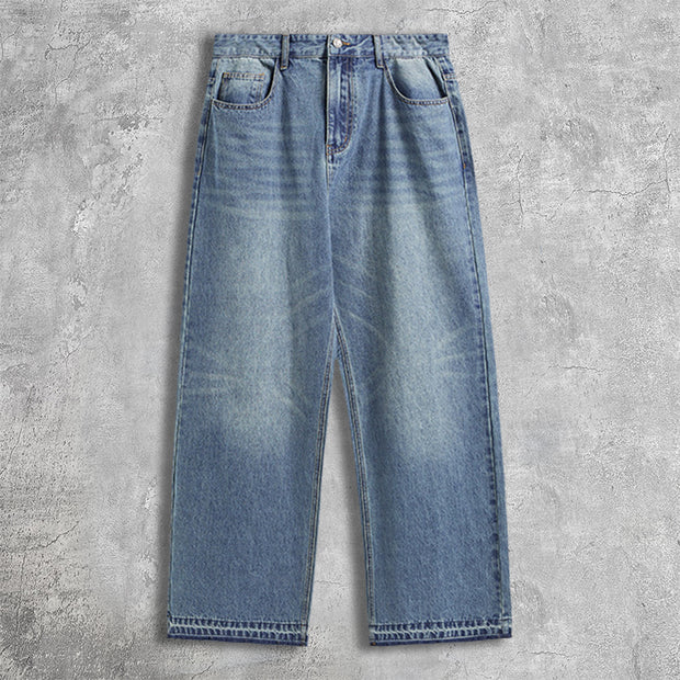 Straight-leg raw-edge washed wide-leg jeans