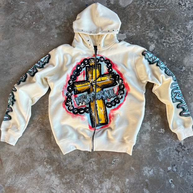 Personalized cross print rhinestone zip-up hoodie
