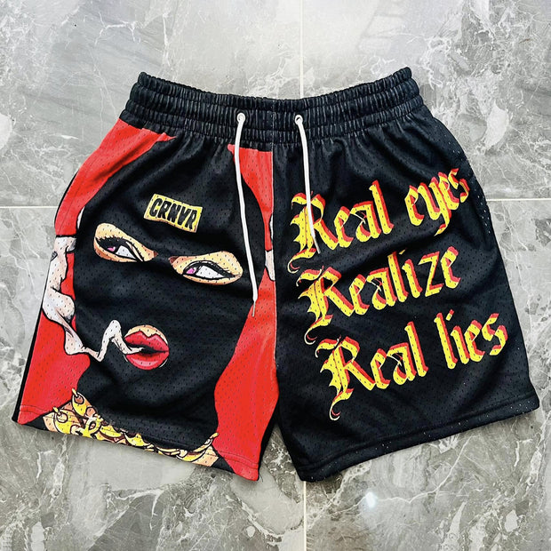 Real Eyes Realize Real Lies Print Mesh Shorts