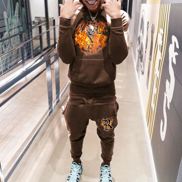Lone Wolf Print Hoodie Sweatpants Two Piece Set