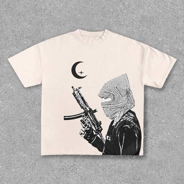 Stylish Soldier and Gun Crew Neck Print T-Shirt