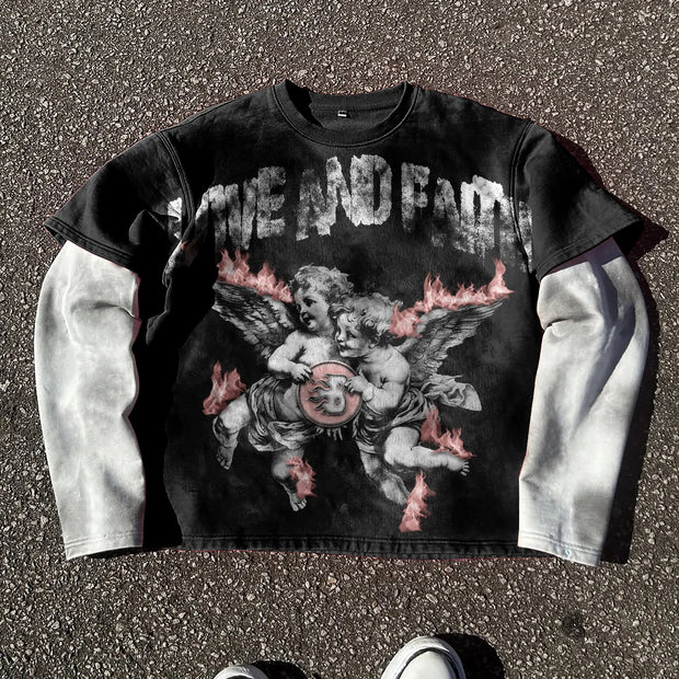 Cupid casual street retro stitching long-sleeved T-shirt