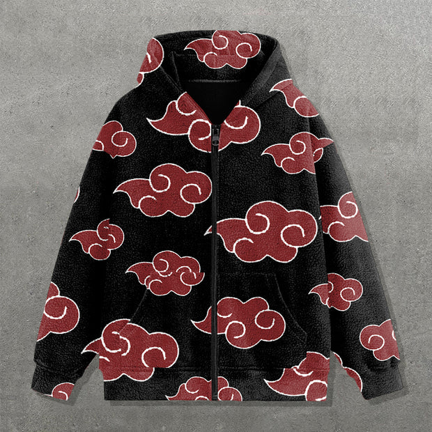 Clouds Print Long Sleeve Plush Zipper Hoodies