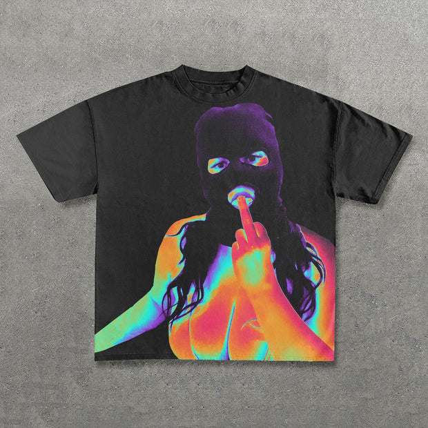 Fashion Mask Girl Print Short Sleeve T-Shirt