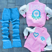 Stylish preppy style contrasting color jacket and pants two-piece set