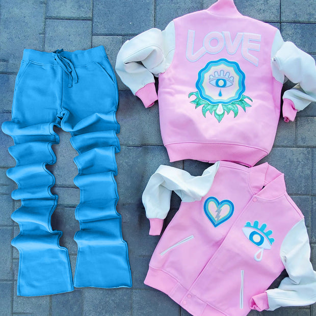 Stylish preppy style contrasting color jacket and pants two-piece set