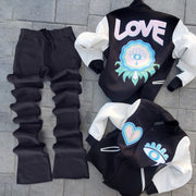 Stylish preppy style contrasting color jacket and pants two-piece set