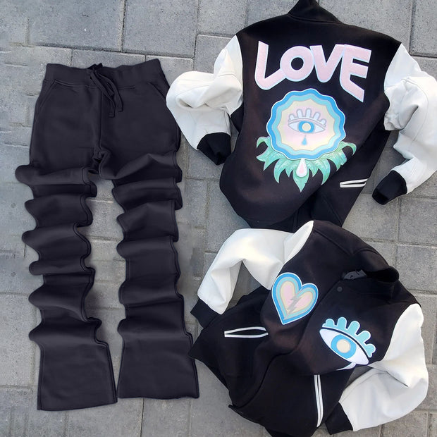 Stylish preppy style contrasting color jacket and pants two-piece set