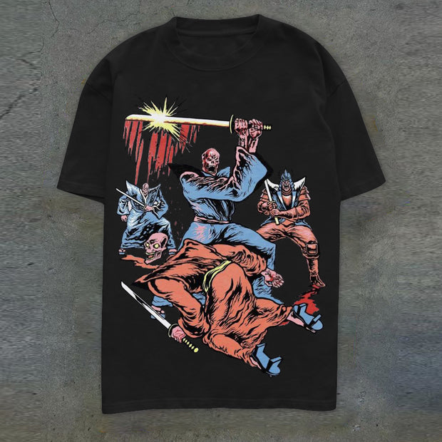 Street style samurai skull print T-shirt