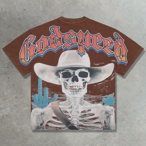 Western cowboy skull casual street retro T-shirt