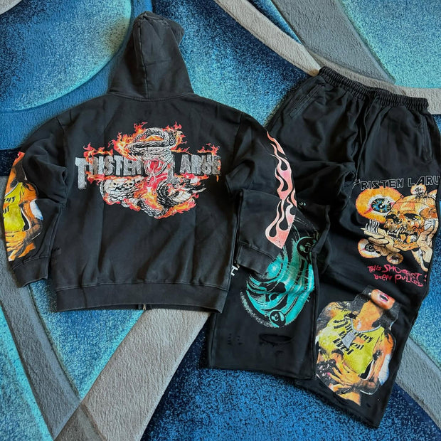 Hip Hop Street Casual Street Zipper Hoodie Pants Two-Piece Set