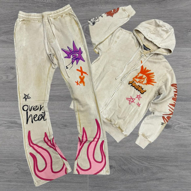 Vintage distressed letter print zip-up hoodie set