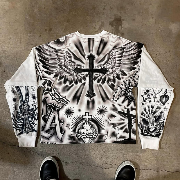 Fake Two Cross Mix Print Long Sleeve T-Shirt