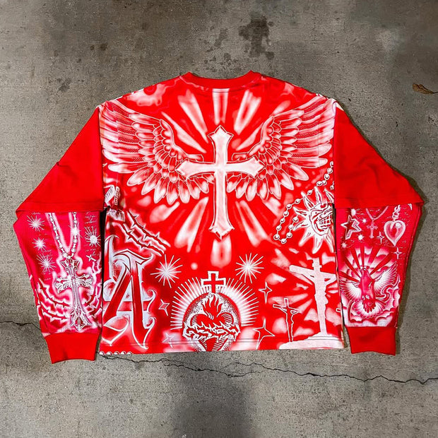 Fake Two Cross Mix Print Long Sleeve T-Shirt