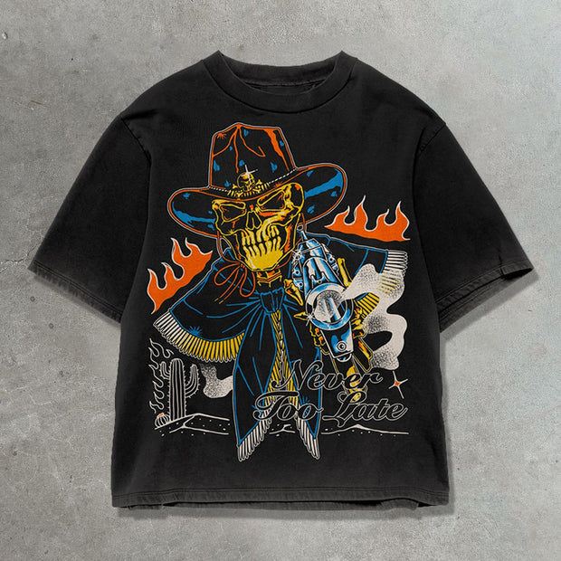 Skull Western Cowboy Casual Street Print T-shirt
