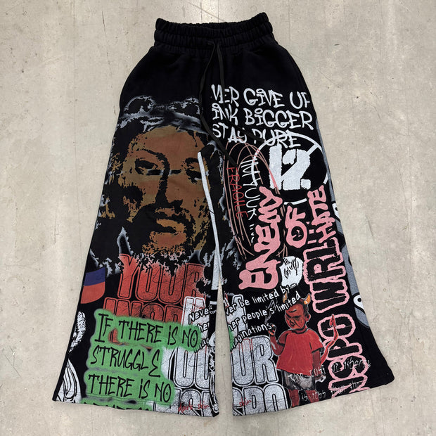 Retro casual graffiti print wide-leg pants