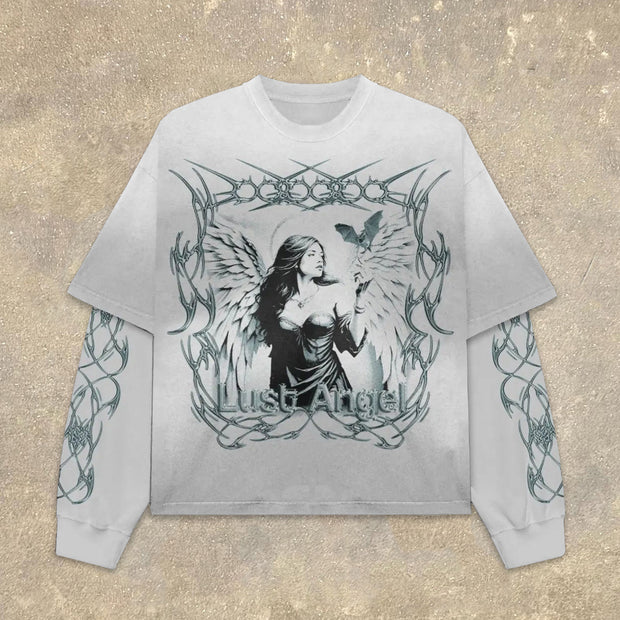 Fake Two Lust Angel Print Long Sleeve T-Shirt