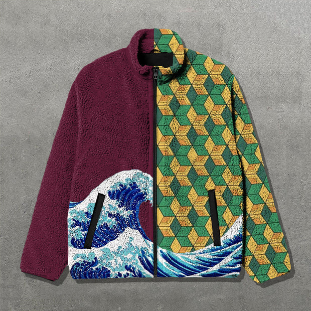 Anime Wave Print Long Sleeve Zipper Pocket Plush Coat