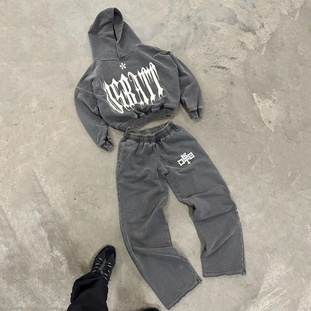 Cement Gray Casual Street Hoodie Pants Two-Piece Set