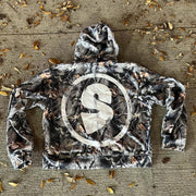Tree camouflage lettering print zip-up hoodie