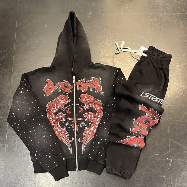 Skull Starry Casual Street Zipper Hoodie Pants Two-Piece Set