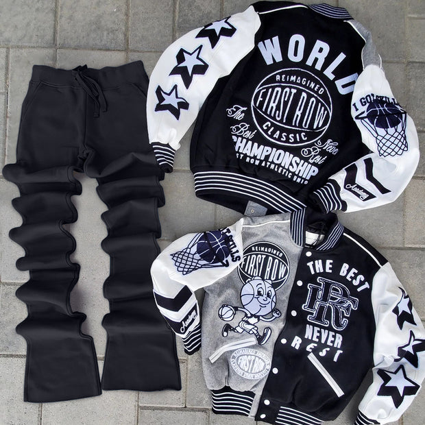 Stylish Contrast Color Baseball Jacket and Flared Pants Suit