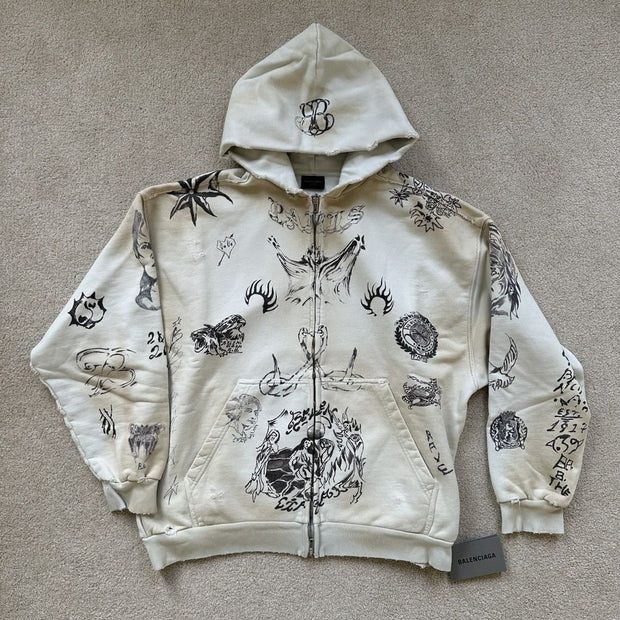 Personalized graffiti print zip-up hoodie
