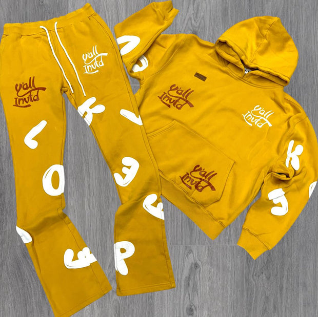 Fashion Casual Letter Print Hoodie Stacked Pants Set