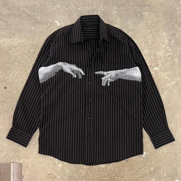 Hands Stripe Print Button Long Sleeve Shirt