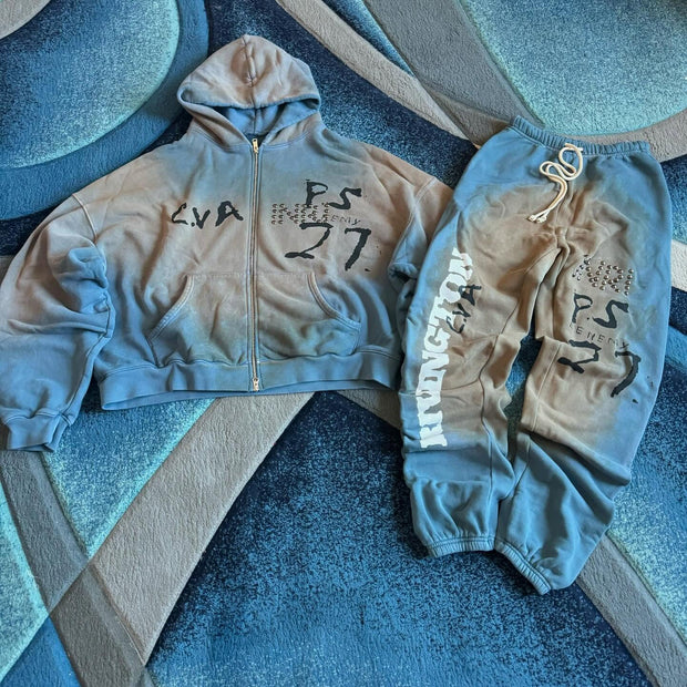 Casual Street Retro Washed Zipper Hoodie Pants Two-Piece Set