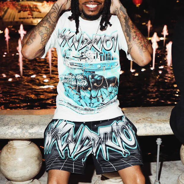 Brain UFO Casual Street T-shirt Mesh Shorts Two-piece Set