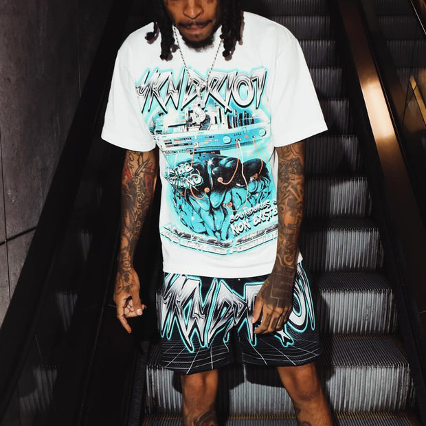 Brain UFO Casual Street T-shirt Mesh Shorts Two-piece Set