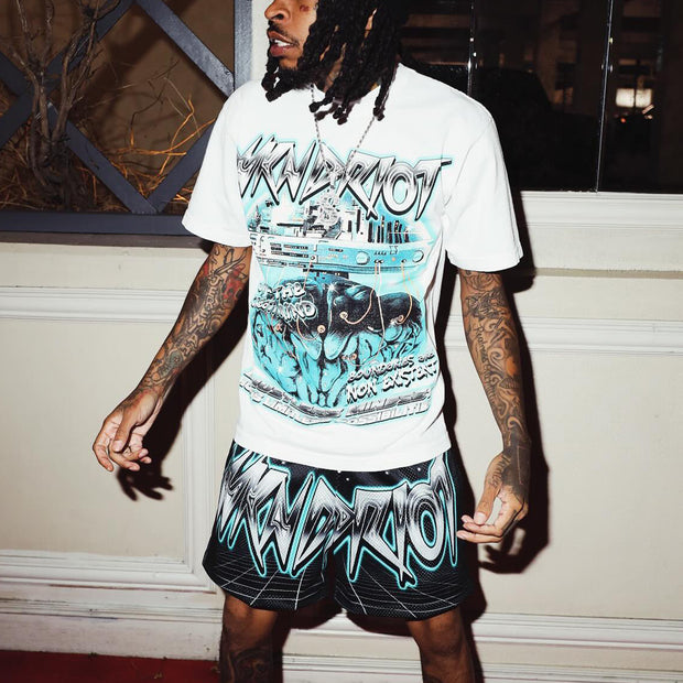 Brain UFO Casual Street T-shirt Mesh Shorts Two-piece Set