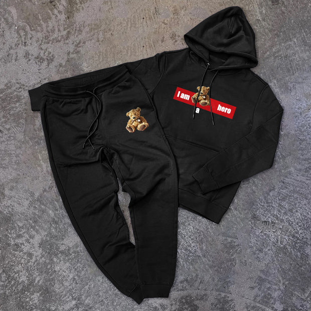 Vintage Bear Print Hoodie Sets
