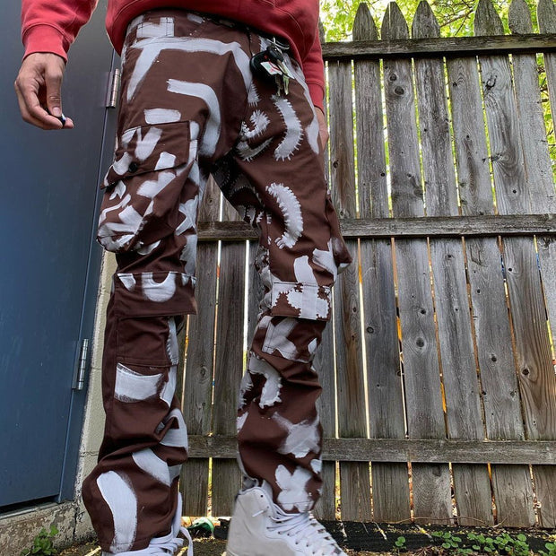 Personalized men's multi-pocket print street style trousers