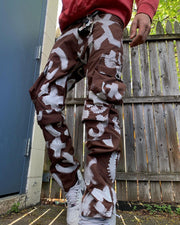 Personalized men's multi-pocket print street style trousers