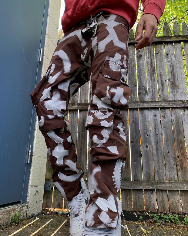 Personalized men's multi-pocket print street style trousers