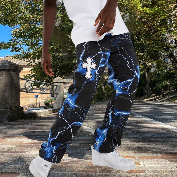 Tide brand printed cross hip-hop lightning street trousers