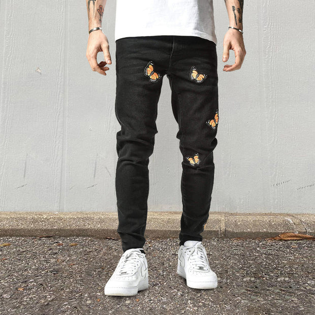 Butterfly pattern personalized street pencil pants jeans