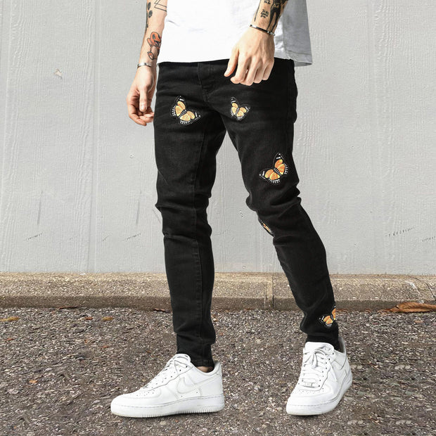 Butterfly pattern personalized street pencil pants jeans
