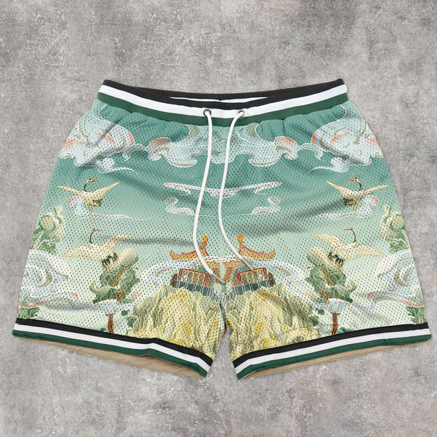 Art-inspired patterned mesh track shorts