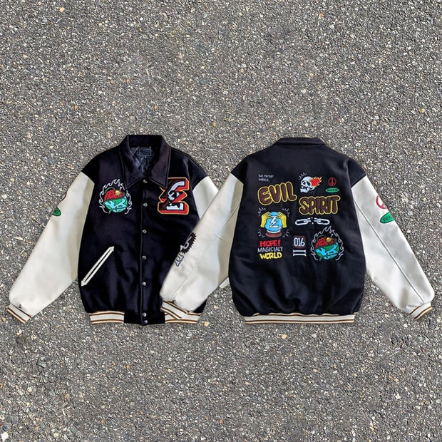 Flame skull varsity baseball jacket