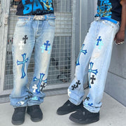 Personality Cross Print Denim Trousers